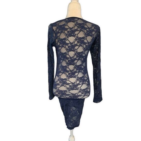 Womens Solid Navy Blue Floral Lace Long Sleeve Sheer Mini Dress Nylon Medium - Picture 2 of 3